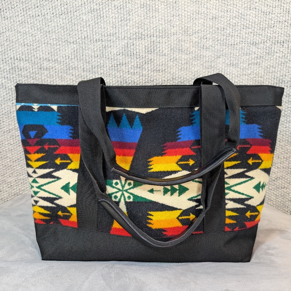 Pendleton Zip Tote Bag Aztec Southwest Western Wool Exterior Leather Handles EUC - Picture 2 of 12